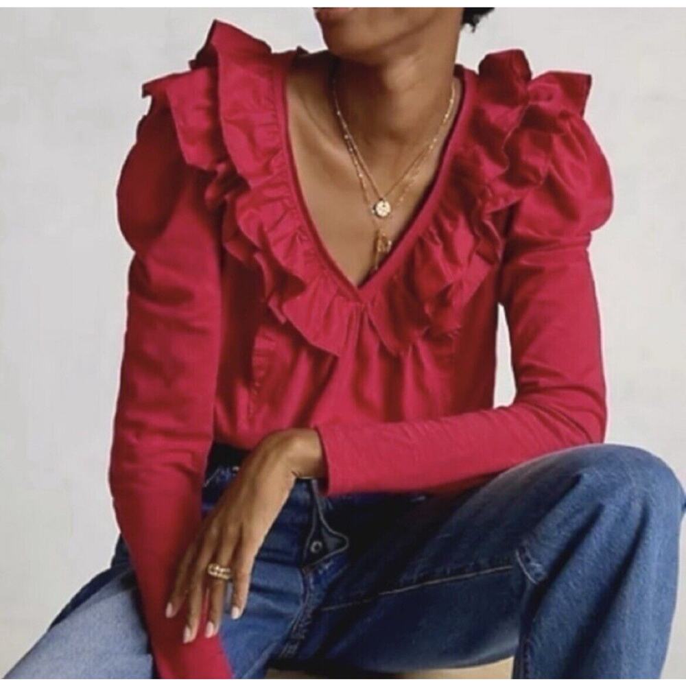 Anthropologie Ruffle V-Neck Long Sleeve Top Womens XS‎ Pink Fuchsia Edwardian